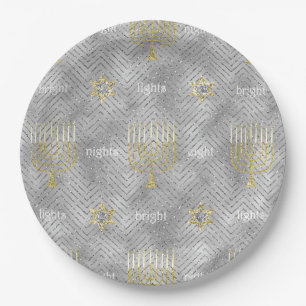 Chanukah Elegant Gold Silver Menorahs Stars Paper Plates