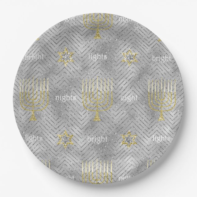 Chanukah Elegant Gold Silver Menorahs Stars Paper Plates (Front)