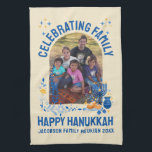 Chanukah FAMILY REUNION Custom Photo Name HANUKKAH Kitchen Towel<br><div class="desc">Stylish kitchen towel souvenir for HANUKKAH FAMILY REUNION with CUSTOMIZABLE PHOTO AND NAME. Ideal memento of your special family occasion. Design includes popular Chanukah elements including dreidel, menorah, latke, and Star of David, in blue and orange colorway. Upload your photo and personalize with your name and/or title of your event....</div>