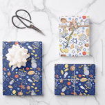 Chanukah Flat Gift Wrap (3 sheets)<br><div class="desc">All the icons of the Chanukah season in three sheets of wrap--one with a white background,  two with blue, </div>