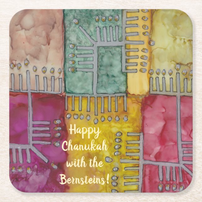 Chanukah Funky Menorahs Square Paper Coaster (Front)