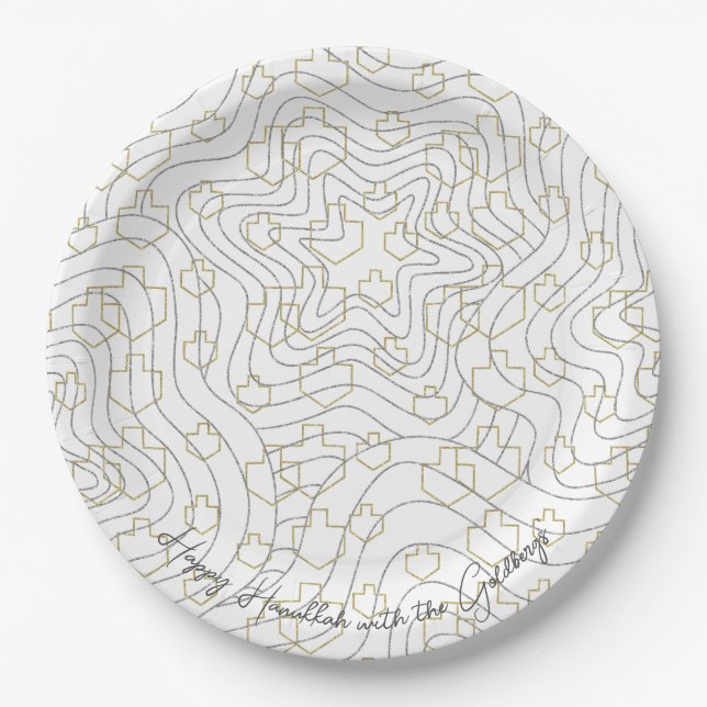 Chanukah Gold Silver Stars & Dreidels Paper Plates (Front)