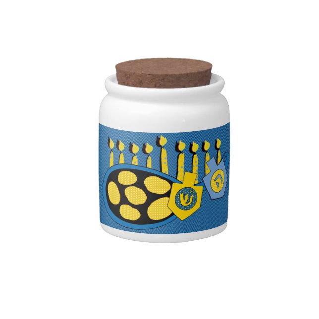 Chanukah Hanukiah Latkes Dreidels Candy Jar (Front)