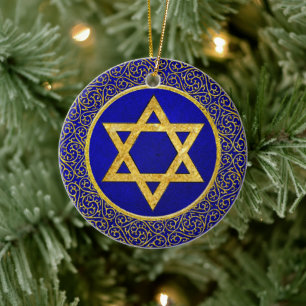 Chanukah Hanukkah חֲנֻכָּה Blue and Gold Ceramic Ornament
