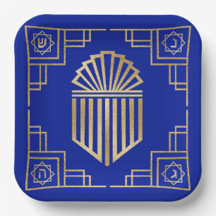 Chanukah/Hanukkah Art Deco Gold Blue Dreidels Paper Plates