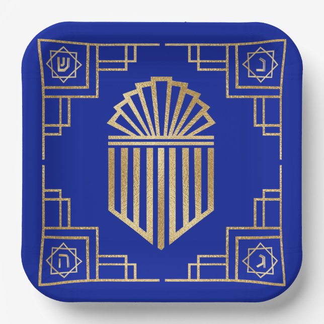 Chanukah/Hanukkah Art Deco Gold Blue Dreidels Paper Plates (Front)