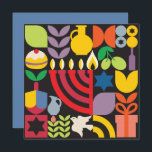 Chanukah Hanukkah Menorah Donut Jewish Stars Card<br><div class="desc">Hanukkah / Chanukah Colorful Modern Geometric Pattern Greeting Card. Menorah, Dreidel, Jewish Stars, Donut & Olive Oil... they are all here. Jewish Hanukkah Symbols Space to add your personalized text on the reverse. Happy Hanukkah wishes. Hebrew on the inside says "Chanukah Sameach ". (Happy Chanukah) . This upscale, look, is...</div>