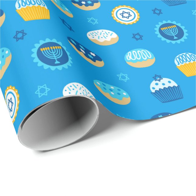 Chanukah Jewish Star Cupcakes Blue Jelly Doughnut Wrapping Paper (Roll Corner)