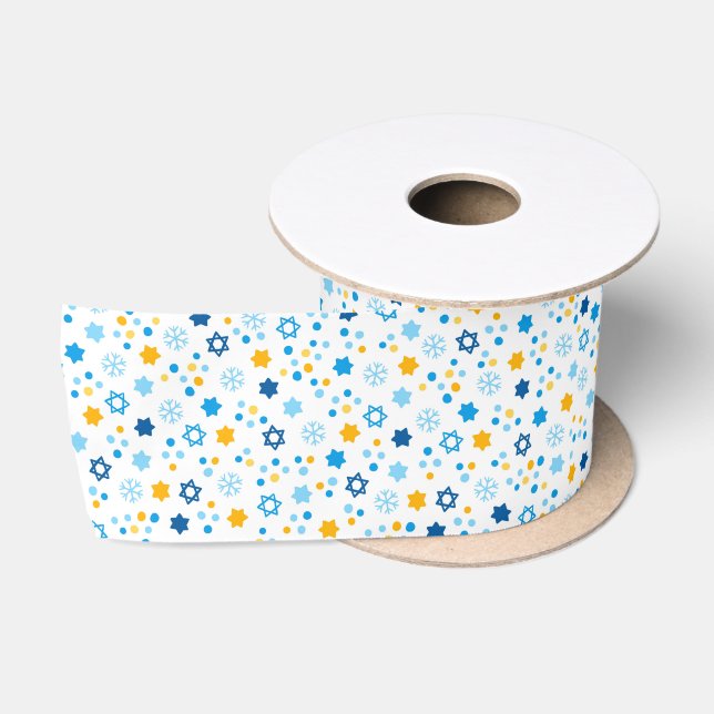 Chanukah Jewish Stars Snowflakes White Blue Gold Satin Ribbon (Spool)