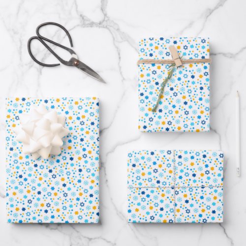 Chanukah Jewish Stars Snowflakes White Blue Gold Wrapping Paper Sheets