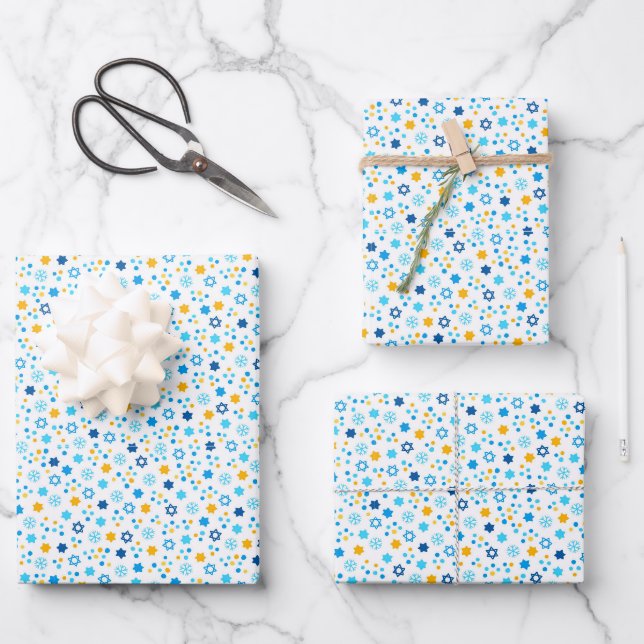 Chanukah Jewish Stars Snowflakes White Blue Gold Wrapping Paper Sheets (Front)