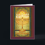 Chanukah Lights, Menorah in Stained Glass Window Holiday Card<br><div class="desc">The menorah is ablaze with the lights of Chanukah which shine brightly against the background of abstract shapes that give the illusion of stained glass. This lovely design for the Jewish holiday of Chanukah walking to glow with a light of its own in warm tones of amber, yellow and gold,...</div>