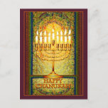 Chanukah Lights, Menorah in Stained Glass Window Postcard<br><div class="desc">The menorah is ablaze with the lights of Chanukah which shine brightly against a background of abstract shapes that give the illusion of stained glass. This lovely design for the Jewish holiday of Chanukah seems to glow with a light of its own in warm tones of amber, yellow and gold,...</div>