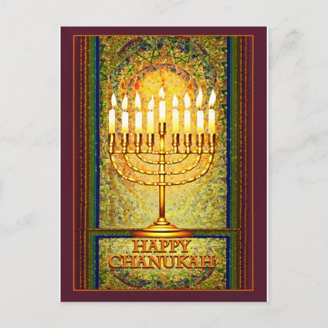 Chanukah Lights, Menorah in Stained Glass Window Postcard (Front)