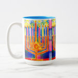 Chanukah Lights Two-Tone Coffee Mug<br><div class="desc">Rich,  modulating color with all candles ablaze on a starlit night,  in a sea of blue—a dazzling gift for your favorite Hebrew School teacher,  rabbi,  or any coffee drinker you love!</div>
