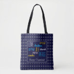 CHANUKAH Love Joy Peace BLUE Hebrew Tote Bag<br><div class="desc">Colorful festive TOTE BAG with faux silver Star of David in subtle background pattern. LOVE JOY PEACE including Hebrew translations are color-coded.. Text is customizable in case you wish to change anything. HAPPY CHANUKAH is also customizable. Part of the HANUKKAH Collection</div>