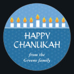 Chanukah Menorah Classic Round Sticker<br><div class="desc">Today's Best Award - September 14, 2010 Light the menorah and share your joy on Chanukah. A photocard that showcases your loved ones crowned by a fully-lit Chanukah menorah. All text is customizable and sits against panels of royal and light blue with a subtle circle pattern. Available in alternate colors...</div>