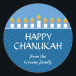 Chanukah Menorah Classic Round Sticker<br><div class="desc">Today's Best Award - September 14, 2010 Light the menorah and share your joy on Chanukah. A photocard that showcases your loved ones crowned by a fully-lit Chanukah menorah. All text is customizable and sits against panels of royal and light blue with a subtle circle pattern. Available in alternate colors...</div>