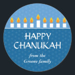 Chanukah Menorah Classic Round Sticker<br><div class="desc">Today's Best Award - September 14, 2010 Light the menorah and share your joy on Chanukah. A photocard that showcases your loved ones crowned by a fully-lit Chanukah menorah. All text is customizable and sits against panels of royal and light blue with a subtle circle pattern. Available in alternate colors...</div>