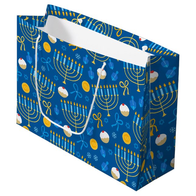 Chanukah Menorah Gelt Dreidel Blue Large Gift Bag (Front Angled)
