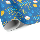 Chanukah Menorah Gelt Dreidel Blue Wrapping Paper<br><div class="desc">Add some holiday color and sparkle with this fun Chanukah wrapping paper design. Appropriate for children or adults, corporate or family gift wrap needs. There are coordinating gift bags, tissue paper, and ribbon for a complete Chanukah look, or you can mix and match with our other Chanukah wrapping paper patterns....</div>