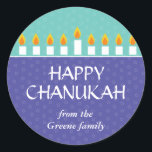 Chanukah Menorah Sticker<br><div class="desc">Light the menorah and share your joy on Chanukah. A holiday message crowned by a fully-lit Chanukah menorah prints against panels of purple and teal with a subtle circle pattern. Available in alternate colors with matching postage, photocards, cards and labels.</div>