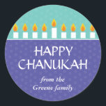 Chanukah Menorah Sticker<br><div class="desc">Light the menorah and share your joy on Chanukah. A holiday message crowned by a fully-lit Chanukah menorah prints against panels of purple and teal with a subtle circle pattern. Available in alternate colors with matching postage,  photocards,  cards and labels.</div>