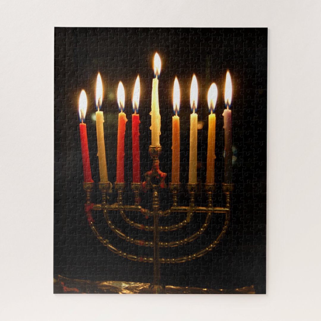 Chanukah menorah with lit candles jigsaw puzzle Zazzle