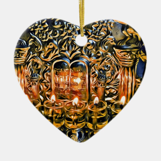 Chanukah Menorah with Oil Lights Ceramic Ornament (Front)