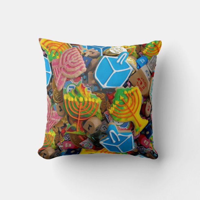Chanukah Menorahs, Dreidels, Gelt Throw Pillow (Front)