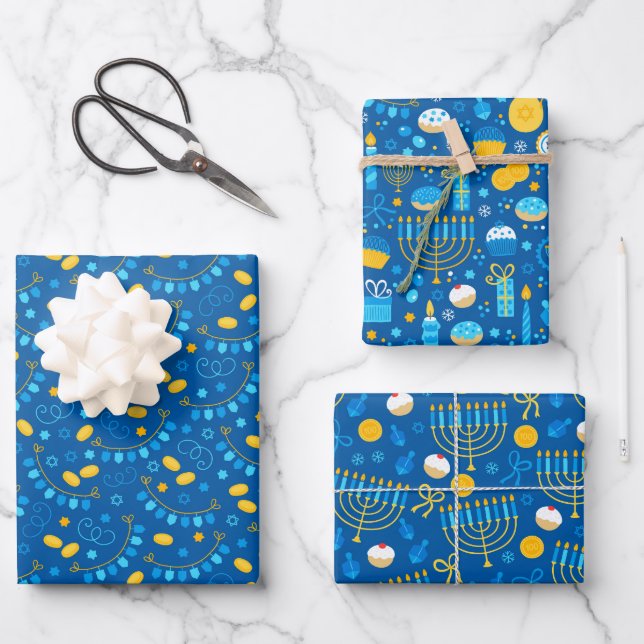 Chanukah Mixed Set of Dark Blue Patterns Wrapping Paper Sheets (Front)
