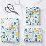 Chanukah Party Blue Gold White Menorah Gelt Cookie Wrapping Paper Sheets<br><div class="desc">Sometimes you just have a few items to wrap for Chanukah, and you don't want to buy a huge roll of Chanukah wrapping paper that will linger in your closet for years. This selection of three Chanukah wrapping paper sheets is perfect for wrapping a few gifts. Three separate sheets of...</div>