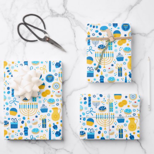 Chanukah Party Blue Gold White Menorah Gelt Cookie Wrapping Paper Sheets