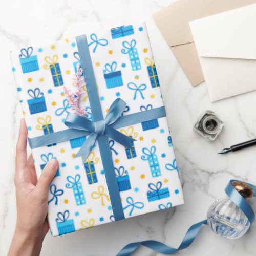 Chanukah Presents Gifts wBows Blue White Gold Wrapping Paper