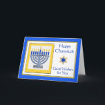 Chanukah Wishes with Contemporary Menorah Card<br><div class="desc">Happy Chanukah Good Wishes for You,  contemporary menorah with blue candles,  paper greeting card. Digital illustration with a lit menorah and a Star of David. Art,  image,  and verse copyright © Shoaff Ballanger Studios,  2024.</div>