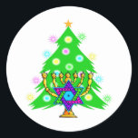 Chanukkah and Christmas Classic Round Sticker<br><div class="desc">Featuring a chanukah menorah in front of a Christmas tree bringing out the spirit of the holidays.</div>