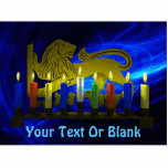 Chanukkah Brass Lion Menorah Statuette<br><div class="desc">This is a 3D digital reproduction of a brass Chanukkah menorah, featuring a lion, made in Israel circa 1950 illuminated by candles on a fractal background. Add your own text The original menorah in from the artist's collection.</div>
