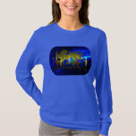Chanukkah Brass Lion Menorah T-Shirt<br><div class="desc">Features a digital 3D reproduction of a brass,  lion-themed menorah,  made in Israel circa 1950,  on a blue fractal background.  Shown with lit candles.</div>