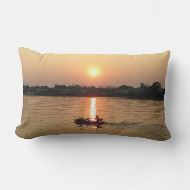 Chao Phraya River Sunset ... Ayutthaya, Thailand Lumbar Pillow (Front)