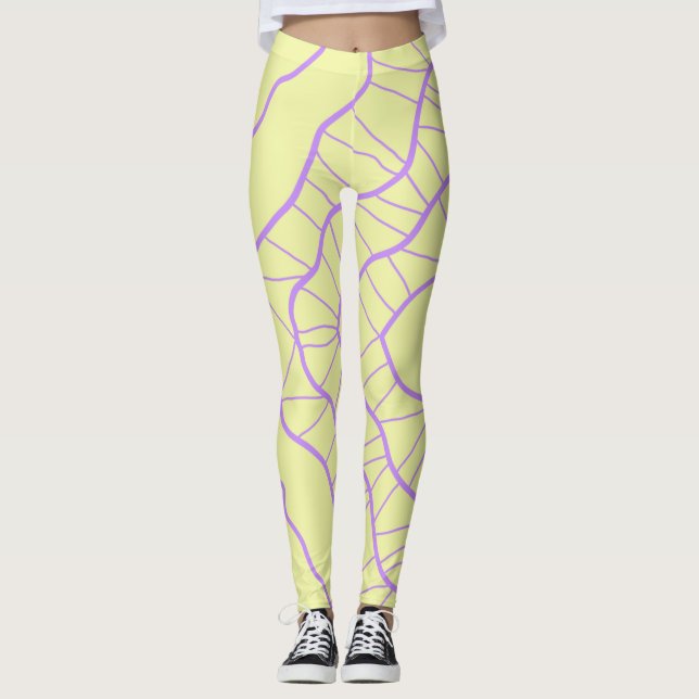 Chaos Abstract Yellow with Purple Wavy Lines Leggings (Front)