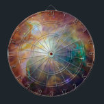 Chaos at Heart of Orion Spitzer Hubble Composite Dart Board<br><div class="desc">This breathtaking image, "Chaos at the Heart of Orion, " peers into a stellar nursery in the Orion constellation. Combining data from Hubble and Spitzer telescopes, it unveils a cosmic dance of creation and destruction. Swirling tendrils of gas, colored by glowing hydrogen and heated dust, cradle newborn stars. At the...</div>