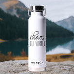 Chaos Coordinator Black Calligraphy Script Name Water Bottle<br><div class="desc">Chaos Coordinator black Calligraphy Script Name Insulated Water Bottle features a simple design of the text "chaos coordinator" in a fun black calligraphy script with your personalized name below. Perfect gift for birthday, Christmas, Mother's Day, teacher appreciation for that busy mom, teacher, sports team manager or work boss. Designed by...</div>