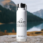 Chaos Coordinator Black Calligraphy Script Name Water Bottle<br><div class="desc">Chaos Coordinator Black Calligraphy Script Name Insulated Water Bottle features a simple design of the text "chaos coordinator" in a fun black calligraphy script with your personalized name below. Perfect gift for birthday, Christmas, Mother's Day, teacher appreciation for that busy mom, teacher, sports team manager or work boss. Designed by...</div>