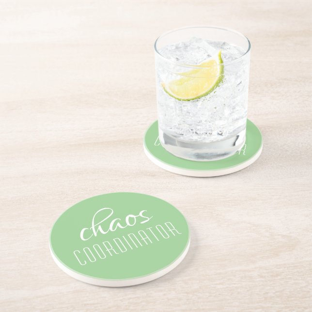 Chaos Coordinator Green Typographic Text Coaster (Side)