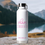 Chaos Coordinator Pink Calligraphy Script Name Water Bottle<br><div class="desc">Chaos Coordinator Pink Calligraphy Script Name Insulated Water Bottle features a simple design of the text "chaos coordinator" in a fun pink calligraphy script with your personalized name below. Perfect gift for birthday, Christmas, Mother's Day, teacher appreciation for that busy mom, teacher, sports team manager or work boss. Designed by...</div>