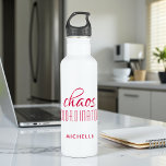 Chaos Coordinator Red Typography Custom Name Stainless Steel Water Bottle<br><div class="desc">Chaos Coordinator Red Typography Personalized Water Bottle features a simple design of the text "chaos coordinator" in a fun red  calligraphy script with your personalized name below. Personalize by editing the text in the text box provided. Perfect for that busy mom,  teacher,  sports team manager or work boss</div>