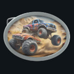 Chaos on Wheels: Monster Truck Smash Derby Belt Buckle<br><div class="desc">Under the roaring applause of an electrified crowd, massive monster trucks thunder into an arena of chaos and destruction. Towering tires kick up clouds of dust as these mechanical beasts collide, crush, and leap with reckless abandon. The metallic symphony of crunching steel and revving engines fills the air, accompanied by...</div>
