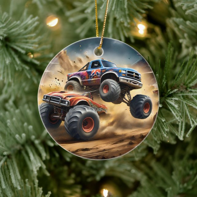 Chaos on Wheels: Monster Truck Smash Derby Ceramic Ornament (Tree)