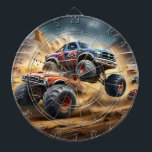 Chaos on Wheels: Monster Truck Smash Derby, Dart Board<br><div class="desc">Under the roaring applause of an electrified crowd, massive monster trucks thunder into an arena of chaos and destruction. Towering tires kick up clouds of dust as these mechanical beasts collide, crush, and leap with reckless abandon. The metallic symphony of crunching steel and revving engines fills the air, accompanied by...</div>