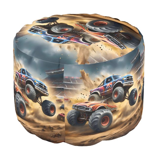 Chaos on Wheels: Monster Truck Smash Derby Pouf (Angled Front)